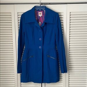 NWT Tulle Royal Blue Trench Coat Sz L cotton canvas fully lined button front